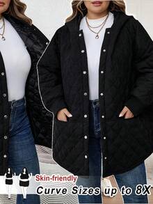 SHEIN CURVE+ 加大码灯芯绒绗缝连帽长袖口袋长款厚外套 - 黑色 - 查看 11