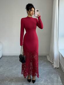 Elenzga Elegantes Pendlerkleid mit Spitzen-Patchwork - Rot - Übersicht 7