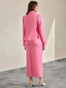 CLARA VERO Women's Pink Blazer And Long Skirt Suit Set Fitted Waist - Pink - View 6