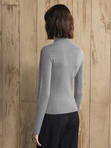 Revavyn Revavyn Women's Slim Fit Turtleneck Sweater With Shoulder Mesh Cutout And Pearl Beaded Design, Suitable For Daily Commute New Year - Dark Grey - View 7
