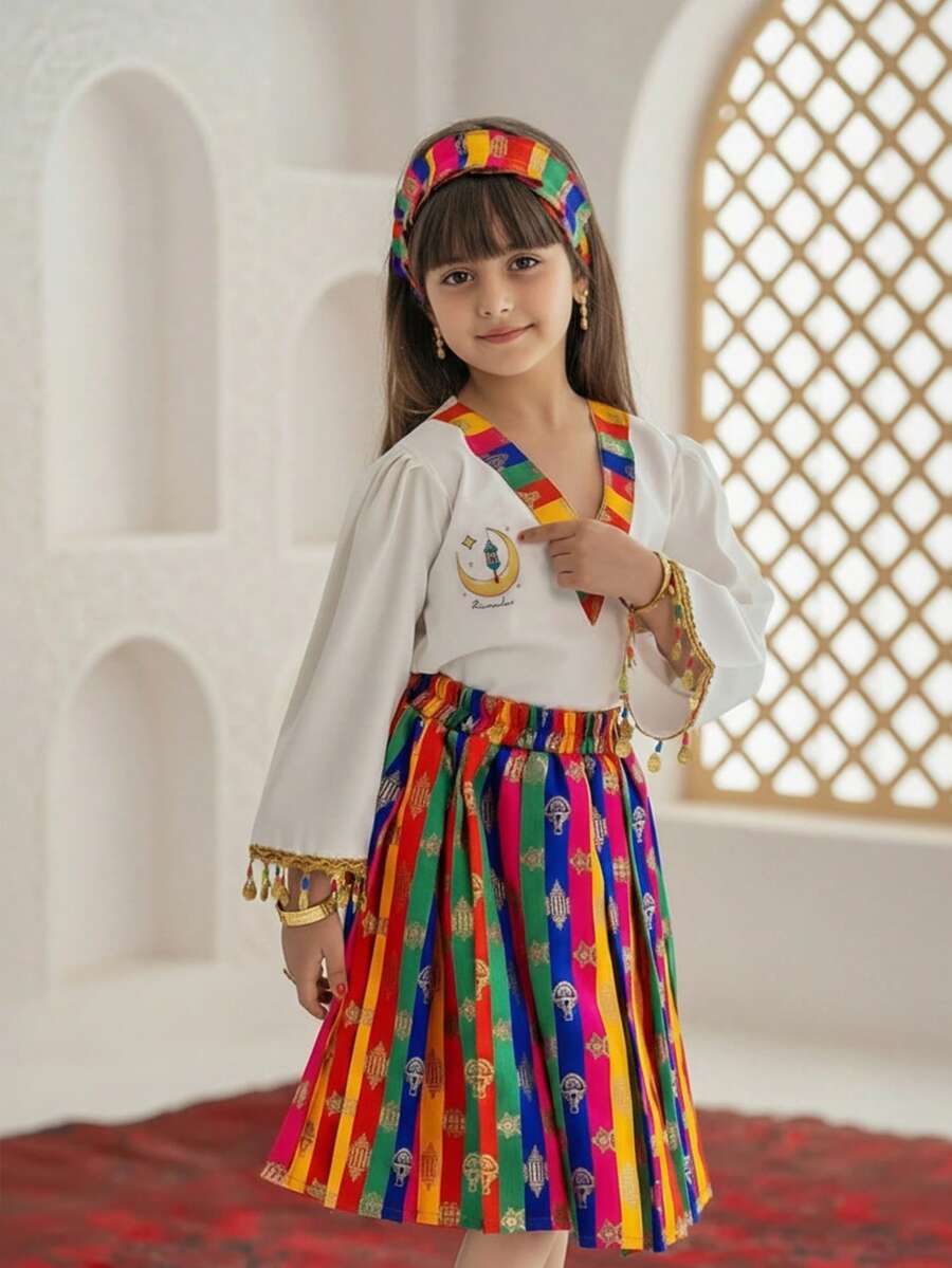 SHEIN Tween Girl Comfortable Casual V-Neck Long Sleeve Shirt Top And Mini Skirt Set - Multicolor - View 1