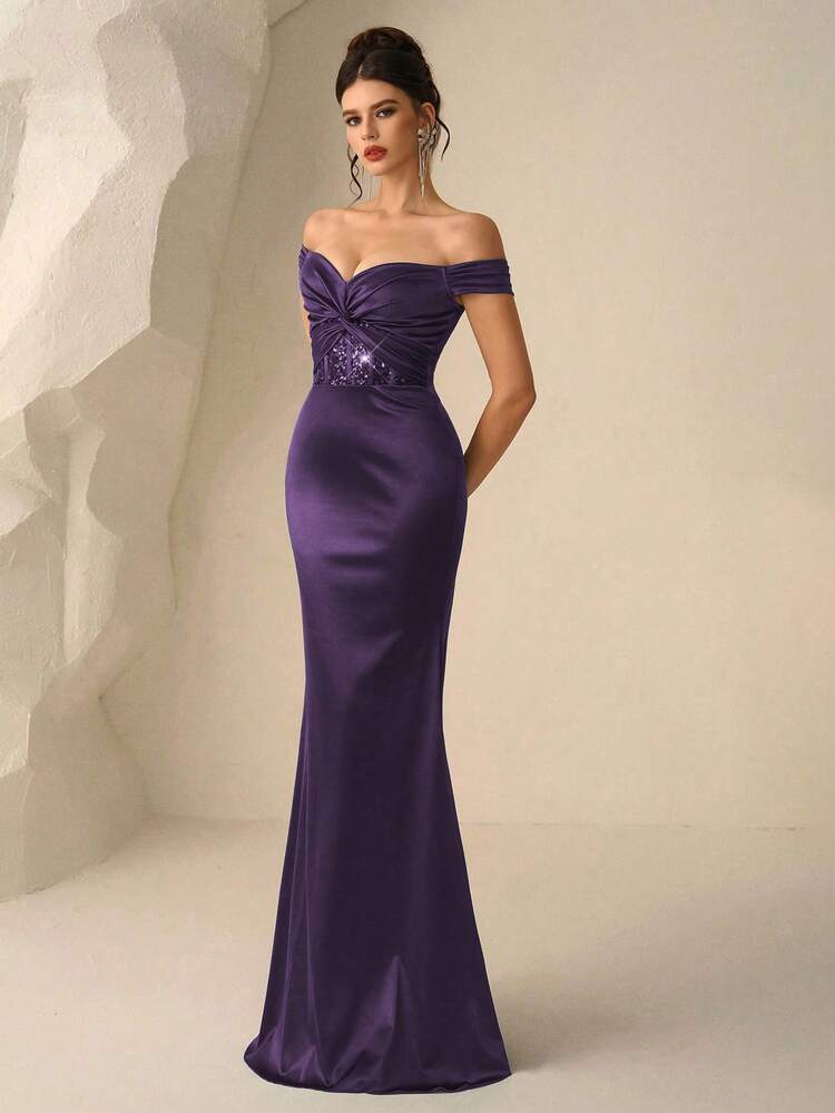 Coutiva Women's Solid Color Off Shoulder Twist Knot Sequin Patchwork Mermaid Hem Formal Evening Gown Purple Cocktail Dress Off Shoulder Formal Dress Purple Dress Women Elegant Purple Wedding Guest Dress Sexy Elegant Dress Valentines Dress Elegant Dress Sequin Dress Floral Dress Luxury - Dark Purple - View 3
