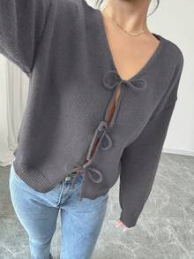SHEIN Clasi 女士纯色系带长袖休闲衬衫，简约设计，适合日常穿着；短款开衫；黑色开衫；女童蝴蝶结开衫；黑色开衫；短款开衫 - 深灰色 - 查看 4