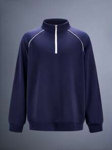 Driftmere Men Casual Solid Color Pullover Sweatshirt, Fashionable & Versatile, Fall Spring To Summer - Navy Blue - View 6
