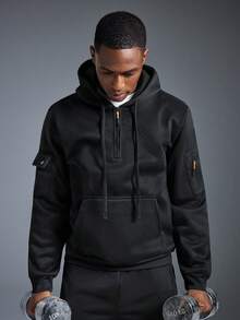 Driftmere 男士休闲半拉链连帽卫衣和工装裤套装，时尚户外套装，秋冬春夏皆宜 - 黑色 - 查看 6