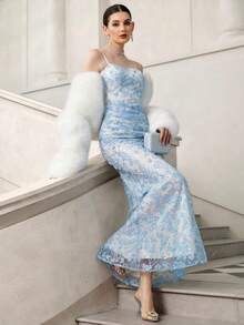 Elenzga French New Sequin Lace Mesh Sheer Backless Dress, Sexy See-Through Strapless High-End Evening Gown, Unique Fashion Elegant Long Evening Dress - Blue - View 4