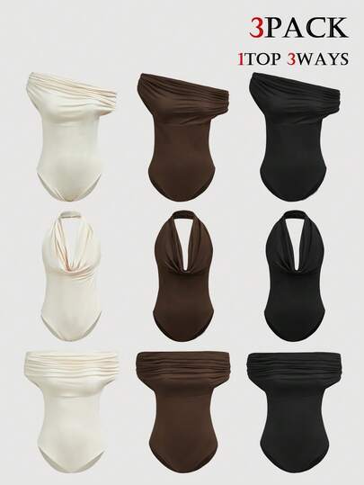 SHEIN EZwear 三合一女士休闲纯色修身连体衣，适合夏季穿着，高领设计，露肩款式，优雅大方，适合节日、乡村、海滩度假、下午茶聚会等场合，也可作为晚礼服穿着，无肩带长款连体衣，女士抹胸套装，冬季服装，圣诞节、新年、感恩节、情人节等节日皆宜。