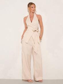 COSMINA Women's Striped,Side-Tie Backless,V-Neck,Waist-Tie Sleeveless Top&Pant Suit Summer Sets,Elegant Beige Two Pieces Set For Brunch,Casual Commuting - Apricot - View 3