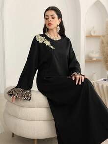 Al Najma High-End Minimalist Black Turkish Maxi Dress With Leopard Print Patchwork Design, Loose And Slimming Kaftan Jalabiya Dress - Black - View 7