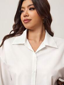 Enliva Plus Size Women Woven Long Sleeve Single-Breasted Shirt In White, For Apple Rounded Body Shape - White - View 4