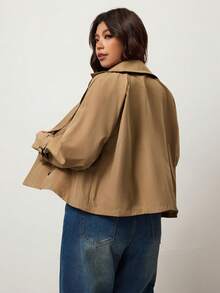 Enliva Plus Size Women's Autumn And Winter Fashion Casual Loose Comfortable Daily Basic Versatile Classic Khaki Short Windbreaker Jacket,Fall Outfits,Simle Style,Winter Coats, For Apple Rounded Body Shape - Khaki - View 2