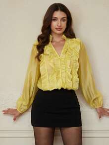 Revavyn Women's V-Neck Layered Ruffle Trim Loose Sheer Luster Long Sleeve Blouse - Yellow - View 4