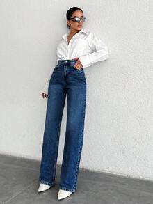 SHEIN PETITE Petite 100%Cotton High Waist Wide Leg Jeans - Medium Wash - View 5