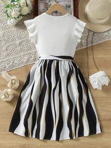 SHEIN Tween Girls Fashionable Geometric Printed Round Neck Ribbed Dress,Holiday,Summer,Travel - Multicolor - View 2