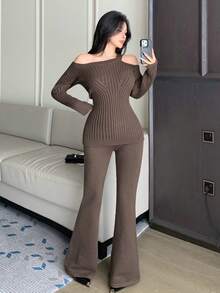 DAZY Women's Elegant Solid Color Asymmetrical Shoulder Sweater & Pants 2 Pieces Set, Autumn/Winter - Coffee Brown - View 6