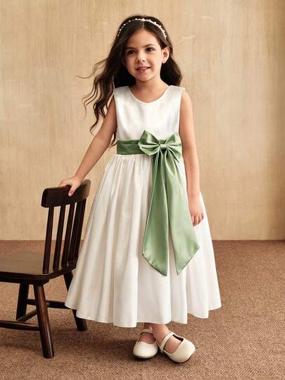 SHEIN 年轻女孩甜美可爱连衣裙，纯色婚礼花童连衣裙，无袖3D蝴蝶结装饰公主裙