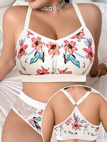 SHEIN 1件大码女士印花舒适无钢圈文胸 - 彩色 - 查看 3