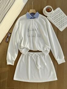 Resyla 2pcs Women Casual Striped Collar Rhinestone Embellished Top & Shorts Set - White - View 6