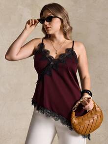 Elegantrix Plus Size Women Urban Casual Lace Asymmetric Hem V-Neck Patchwork Solid Color Cropped Camisole - Burgundy - View 3