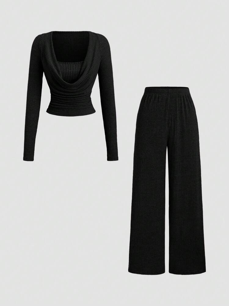 Sweetra Elegante conjunto de 2 piezas de estilo vintage para mujer, con diseño de cuello con volantes, minimalista y elegante, pierna recta ajustada, versátil para uso casual, laboral y diario, otoño/invierno - Negro - Añade 1