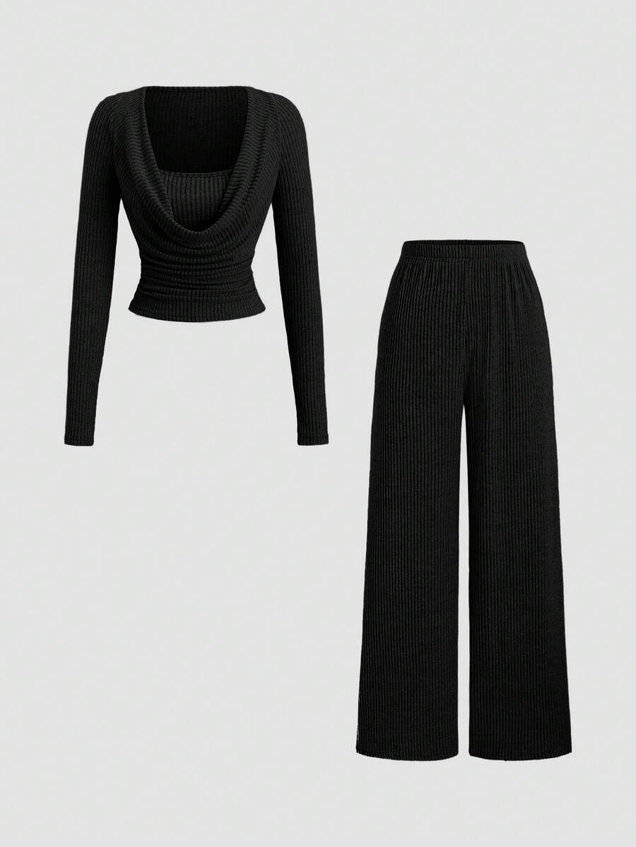 Sweetra Elegant Vintage Style Women's 2 Pieces Set, Featuring Ruffled Collar Design, Minimalist & Chic, Slim-Fitting Straight Leg, Versatile For Casual, Work, And Everyday Wear, Autumn/Winter - Black - View 1