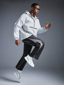 Driftmere 男士 1 件舒适松紧腰抽绳休闲直筒宽松阔腿裤，运动撞色，秋季 - 深灰色 - 查看 7