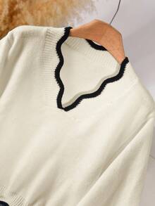 CosyJoli 大码优雅简约休闲波浪针织拼色套头衫女士白色上衣短款毛衣V领毛衣美观上衣时尚上衣