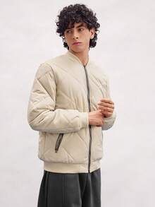 Open Phase Abrigo acolchado con patrón de diamantes y cuello de béisbol para hombres, ideal para otoño e invierno, para combinar a diario, regalo para novio/esposo - Blanco - Ver 4