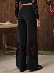 LanaWest Women's Western Party Black Knit Contrast Lace Wide Leg Pants, Suitable For Daily Wear - Black - View 10