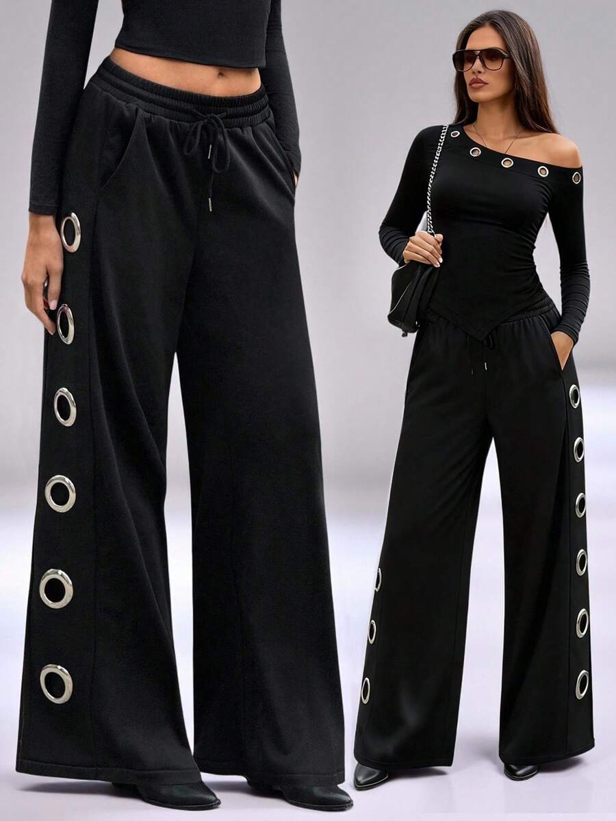 SHEIN TRNDY Autumn/Winter Casual Elastic Waist Side Grommet Design Straight Leg Sweatpants - Black - View 1