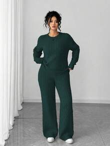 Elenzga بدلة سويتر طويلة الأكمام وبنطال طويل بأزرار، مجموعة ملابس شتوية/خريفية، مقاسات كبيرة، بتصميم بسيط وأنيق للنساء - أخضر داكن - مشاهدة 3