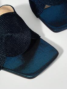 MOTF PREMIUM WOMEN BEARD DETAIL SQUARE TOE HEELED SANDALS - Navy Blue - View 6