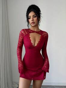 Rafferiza Women's Elegant Romantic Lace Round Neck Hollow Splice Lace Trim Long Sleeve Elastic A-Line Mini Dress, Suitable For Date, New Year, Party, Wine Red, Thanksgiving, Valentine's Day Slay Diva Dress Dark Red Dress Red Wine Dress Birthday Dinner Dress Sexy Red Sexy Dress - Burgundy - View 5
