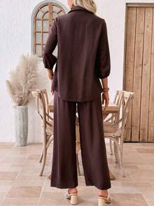 EMERY ROSE 两件套女士度假植物印花灯笼袖衬衫和裤子套装 - 棕色 - 查看 2