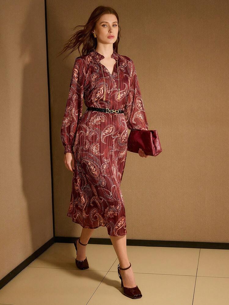 PAISLEY PRINT FRILL NOTCH NECK CHAIN DETAIL LANTERN SLEEVE PLISSE LONG DRESS