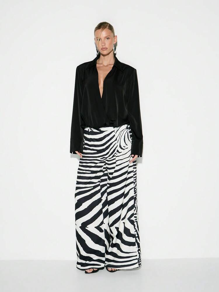 KIZN Zebra Print Wide Leg Palazzo Pants High Waisted Tailored Trousers Animal Print Statement Bottoms Fall Winter Fashion