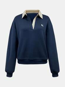 INAWLY Women's Patchwork Striped Shirt Collar Knight Print Drop Shoulder Long Sleeve Casual Loose Sweatshirt