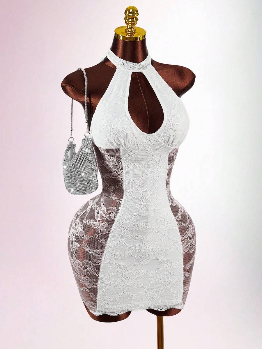 Amplova 女士优雅性感透视蕾丝拼接露背吊带迷你连衣裙 - 白色 - 查看 1