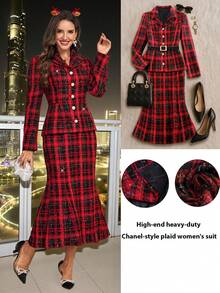 Amorya Women's Elegant Red And Black Plaid Blazer Top & Fish Tail Skirt 2 Pieces Set,Autumn Office Tweed Suit For Christmas,New Year & Valentine's Day Outfit - Multicolor - View 14