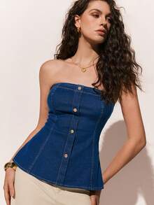 Poéselle Women's Denim Top, Fashionable And Casual Denim Strapless Top With A Fitted Waist And A-Line Silhouette, Dark Blue Denim Top. Summer Tops Spring Outfit Women Valentines Day Carnival Costumes Beach Outfits For Women  Vacation Outfits Women Casual Women Outfits - Dark Wash - View 4