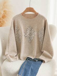 Plus Size Women's Elegant Luxury Sequin Embellished Simple Pullover Knit Sweater In Fall/Winter - Camel - View 6