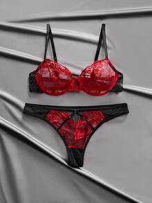 EmpressEnvy Ensemble de lingerie femme avec soutien-gorge en dentelle rouge rose sexy brodé et maille transparente, confortable pour les rendez-vous, les fêtes et le port quotidien, avec culotte assortie - Framboise - Voir 1