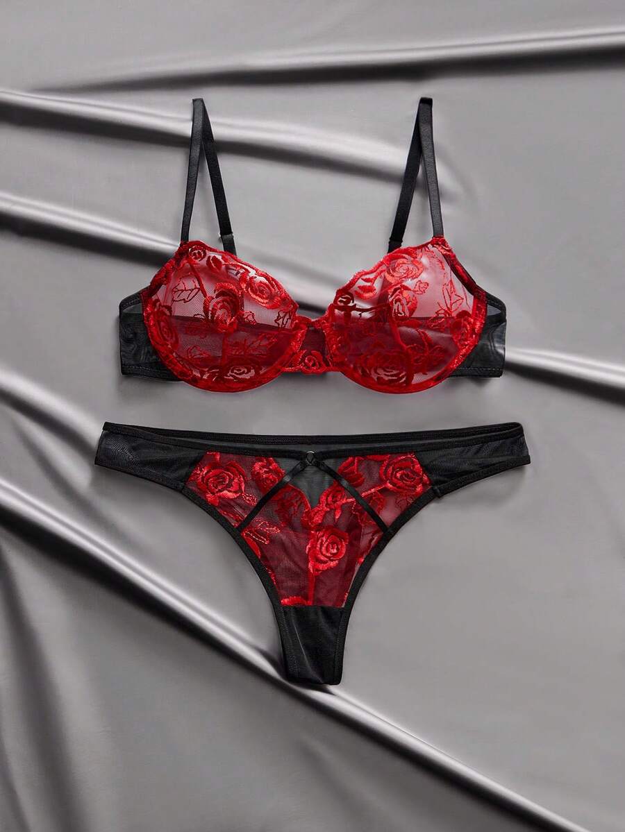 EmpressEnvy Ensemble de lingerie femme avec soutien-gorge en dentelle rouge rose sexy brodé et maille transparente, confortable pour les rendez-vous, les fêtes et le port quotidien, avec culotte assortie - Framboise - Voir 1