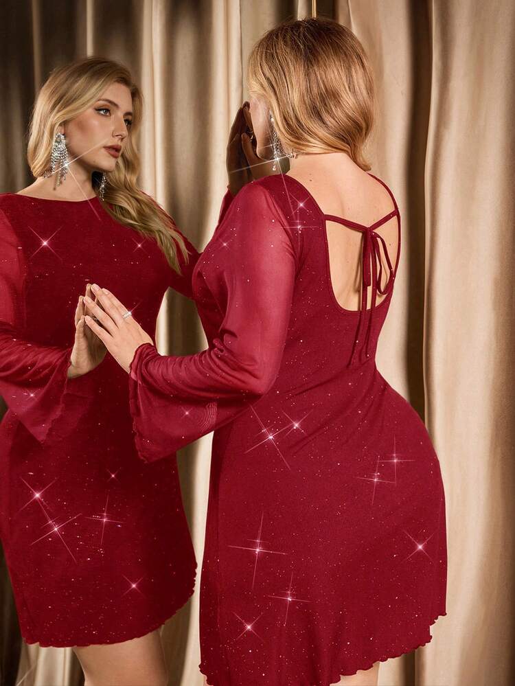 long sleeve backless dress plus size Auralis Plus Size Women's Round Neck Backless Twist Design Glitter Elegant Long  Sleeve Dress, Burgundy, Autumn, Party Red Dress For Spring