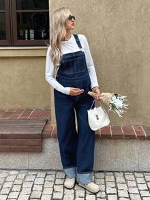 MaterniWear 孕妇休闲百搭牛仔背带连体裤，春夏情人节嘉年华服装，通勤度假毕业季时尚Y2K可爱街头风派对婚礼优雅商务休闲女式牛仔连体裤，带口袋设计宽松版型，适合日常穿着 - 藍色 - 查看 4