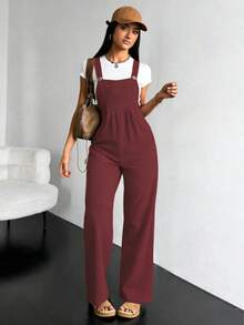 Petos con parche de letra con bolsillo delantero sin camiseta, Mono de de pierna ancha y bolsillos para mujer con ajuste holgado, versátil y casual - Burdeos - Ver 2