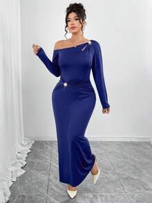 Elenzga Plus Size Royal Blue Autumn Elegant Formal Asymmetrical Shoulder Soft Knit Dress,Shoulder Slit Metal Buckle,Waist Twist Decor,A-Line Hem,Outing Party - Royal Blue - View 6