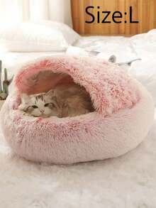 1 pièce Lit rond en peluche pour animaux de compagnie, lit douillet et moelleux pour chat, coussin en forme de donut pour animaux de compagnie, lit pour chat 2 en 1 pour l'hiver, coussin de canapé sac de couchage chaud. - Rose bonbon - Voir 10
