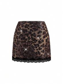 Ellevyn Satin Contrast Lace Trim Slit Sexy & Elegant Fitted Women Skirt, Black Lace-Trimmed Leopard Print Sequined Shimmering High-End Slit Midi Skirt Perfect For Parties, Evening Events, And Holiday Dresses.  New Year's Eve Skirt Leopard Print Skirt Sequin Skirt Bling Skirt - Multicolor - View 6