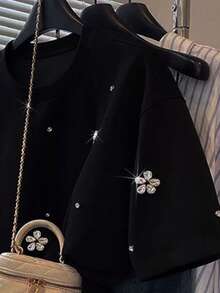 Resyla Women's New Style Rhinestone Decor Round Neck Short Sleeve T-Shirt, Fashionable And Versatile Top - Black - View 3